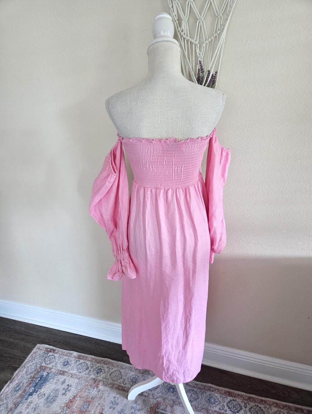 Petal & Pup Pink Linen Gabriella Off The Shoulder Maxi Dress Size 4 Cottagecore - Picture 4 of 8
